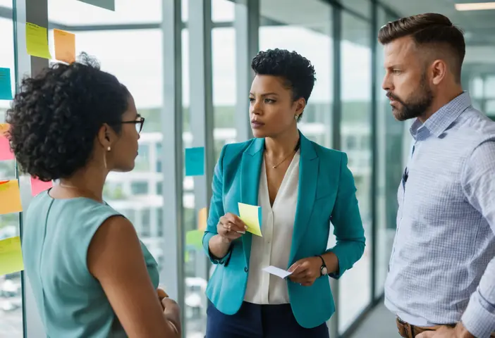 Small team collaborating around sticky notes on a glass wall
